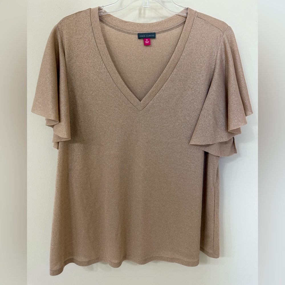 Vince Camuto Beige V-Neck Blouse with Flutter Sleeves